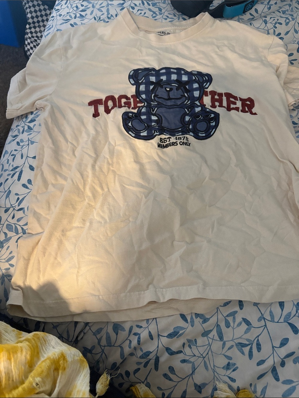 Members Only Cream Tee with Blue Plaid Bear and Red Lettering